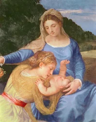 Die Jungfrau und das Kind mit Johannes dem Täufer und einer Heiligen, Detail der Jungfrau, des Christuskindes und der Heiligen, ca. 1530-35